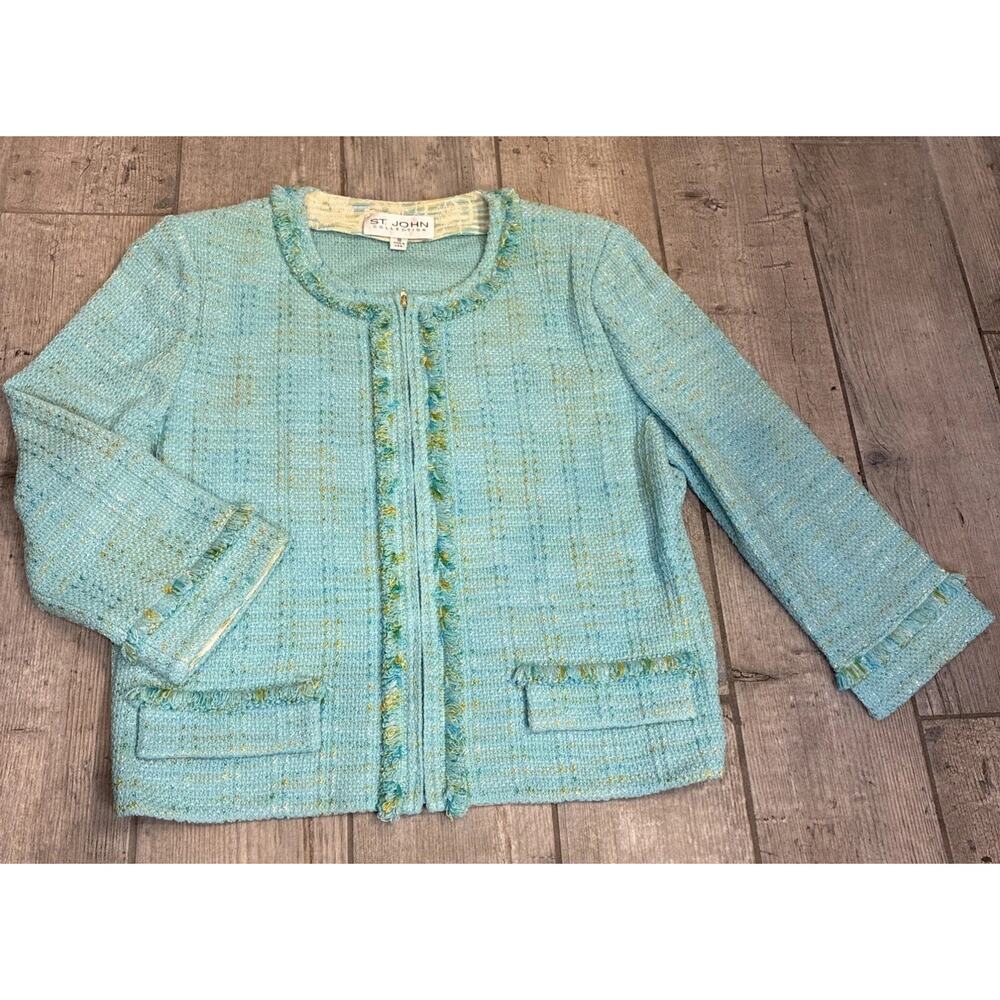 St. John Collection Aqua Knit Blazer Size 10 Eyelash Fringe Zip Front